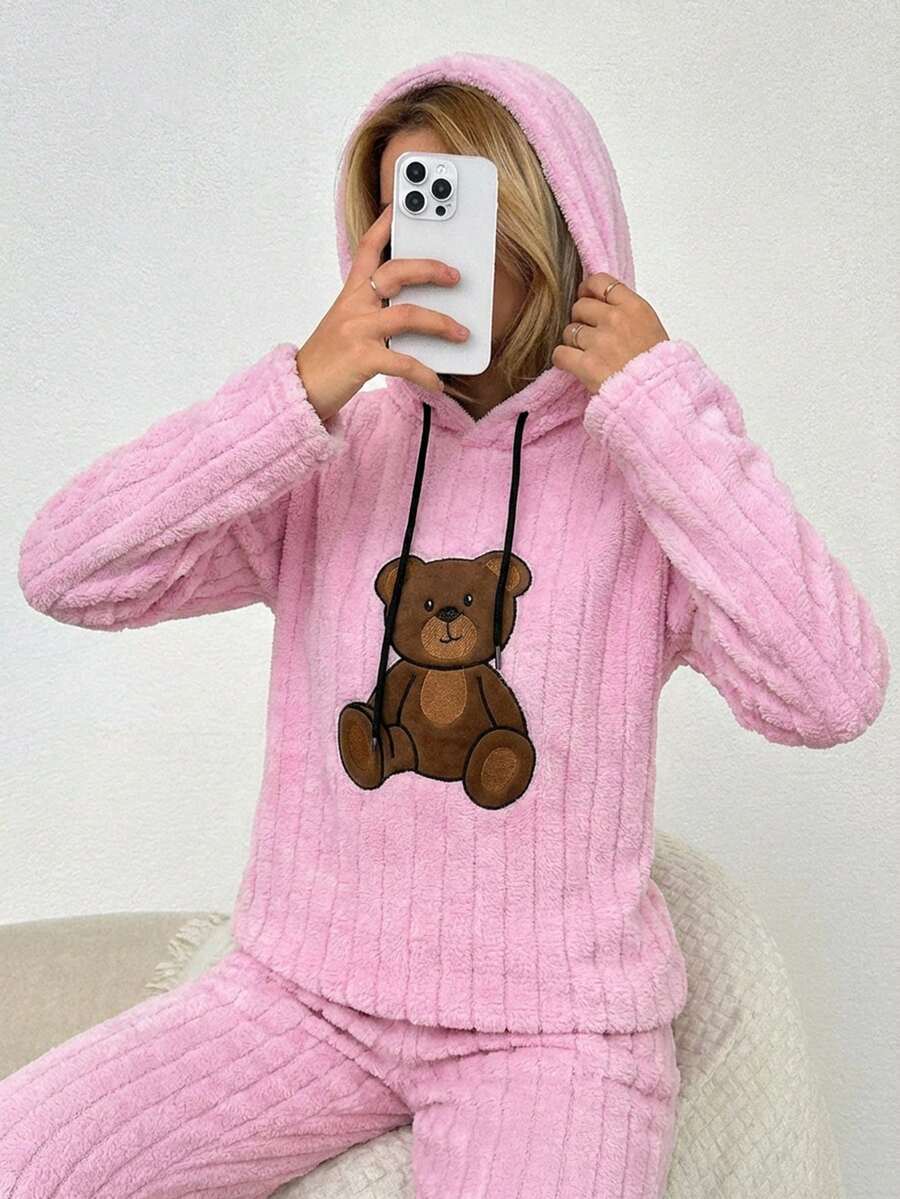 WovenCharm Bear Embroidered Kangaroo Pocket Drawstring Hooded Flannel Sleep Top - Pink - View 1
