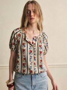 Écloséra 时尚优雅休闲百搭宽松圆领开襟玫瑰花卉图案杏色短袖女式衬衫，春夏款 - 杏色 - 查看 4