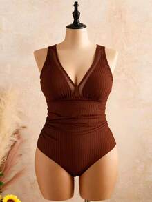 Swim Vcay Baju Renang Terusan Seksi Wanita Ukuran Besar Warna Polos dengan Jala Kontras - Chocolate Brown - View 6