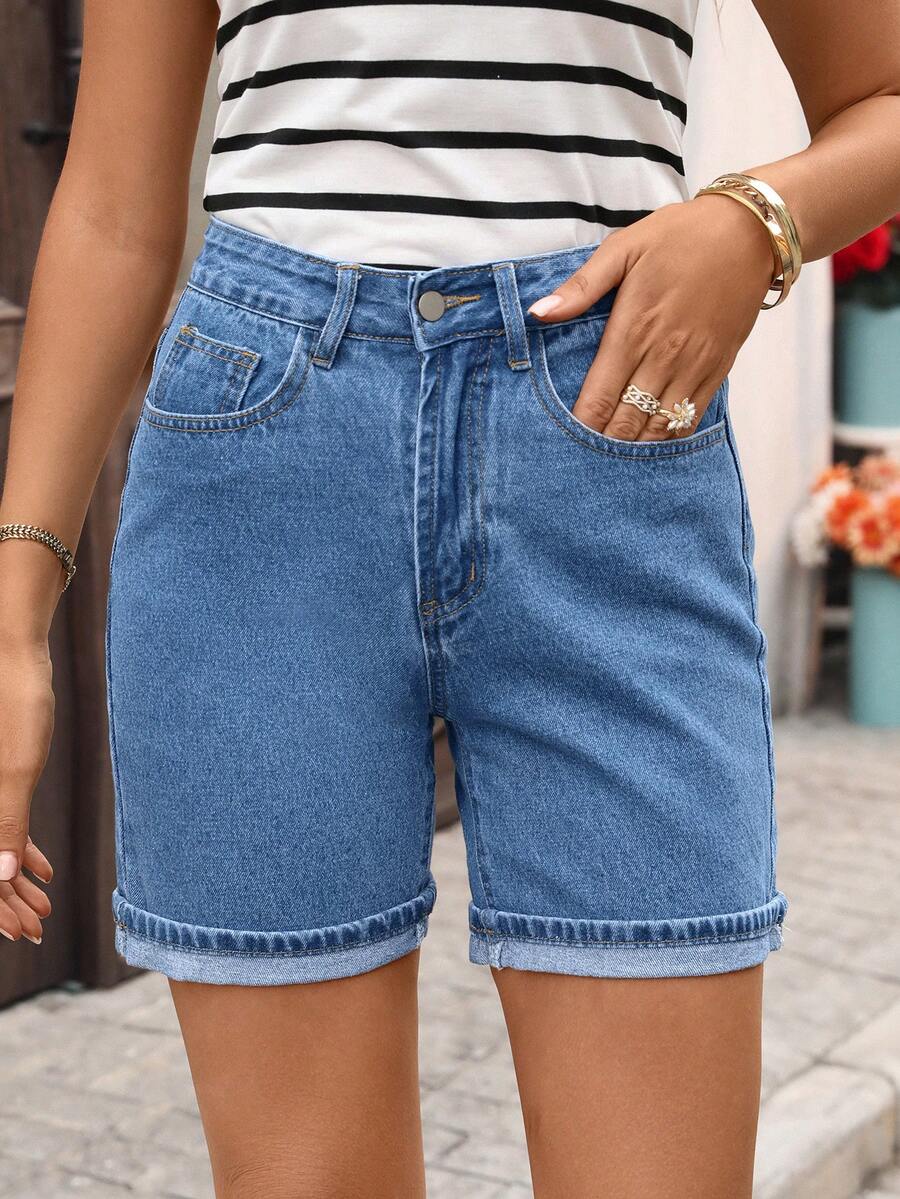 EMERY ROSE Quần short denim nữ thời trang có túi, khóa kéo và nút cài, thích hợp mặc thường ngày. - Màu xanh lam - Xem 1