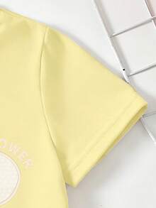 SHEIN T-shirt à manches courtes imprimé floral blanc frais et créatif pour filles, confortable pour le port quotidien au printemps, en été et en automne - Jaune citron - Voir 5