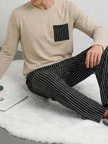 Cottnline Herren gestreifte Hose, gestreifte Tasche, regulärer Langarm Hausanzug Set - Aprikosenfarben - Übersicht 4