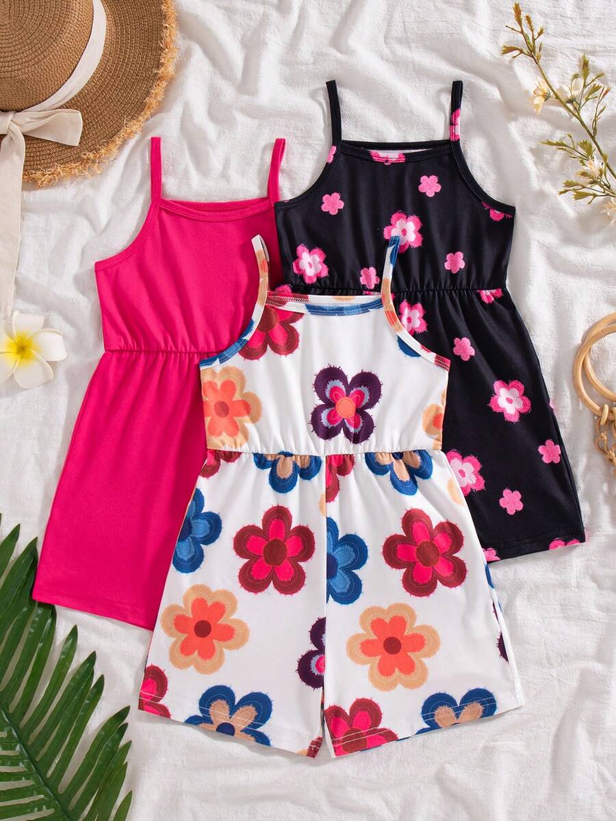 SHEIN Playful Pals Bộ 3 món đồ chơi mùa hè mới 2025 cho bé gái, áo liền quần và quần short in hoa và màu trơn, phong cách tối giản, thời trang cho kỳ nghỉ. - Nhiều màu - Xem 1