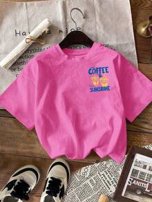 EMERY ROSE Summer Casual Coffee Letter Print Round Neck T-Shirt - Hot Pink - View 3