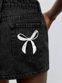 Maija 女士休闲日常牛仔裙，带口袋和纽扣 - 黑色 - 查看 3