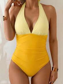 Shapewave 1 pieza Traje de baño con control de abdomen, estilo patchwork, con escote halter y espalda descubierta - Amarillo - Ver 4