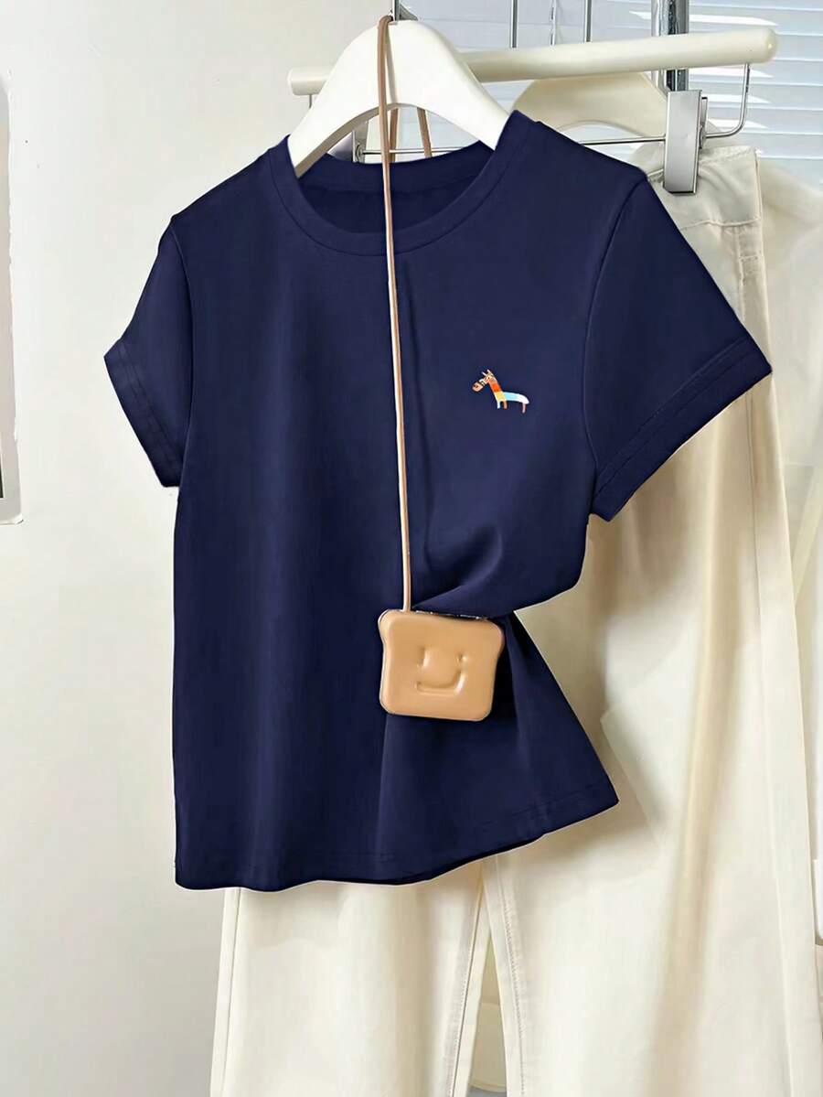 GlowEve Camiseta de mujer con cuello redondo y manga corta bordada - Azul Marino - Ver 1