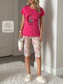 Cotton Women 2 Pcs Cute Cate Printed Short Sleeve And Sontrast Colour Cat&Moon Printed Capri Bottom PJ Set - Pink - View 6