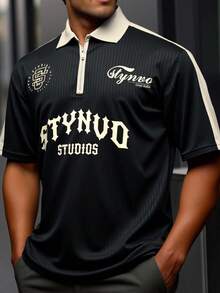 Manfinity Hypemode Plus Size Men's Letter Print Short Sleeve Casual Polo Shirt - Black - View 3