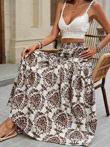 Brillora Women's Elastic Waist Loose Bohemian Print Skirt - Brown - View 8