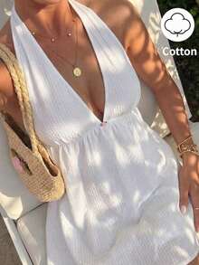 Sunnyshic White Cotton Crinkle Fabric Rose Decor Deep V Halter Backless Ruffle Mini Dress, Women's Spring/Summer Vacation Beach Bohemian Sweet Cute Wedding Guest Minimalist Versatile - White - View 1