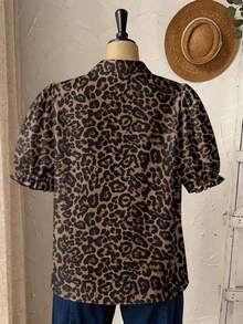 Rusticease Plus Size Women Casual Vintage Leopard Print Lantern Sleeve Shirt, Suitable For Summer - Multicolor - View 2