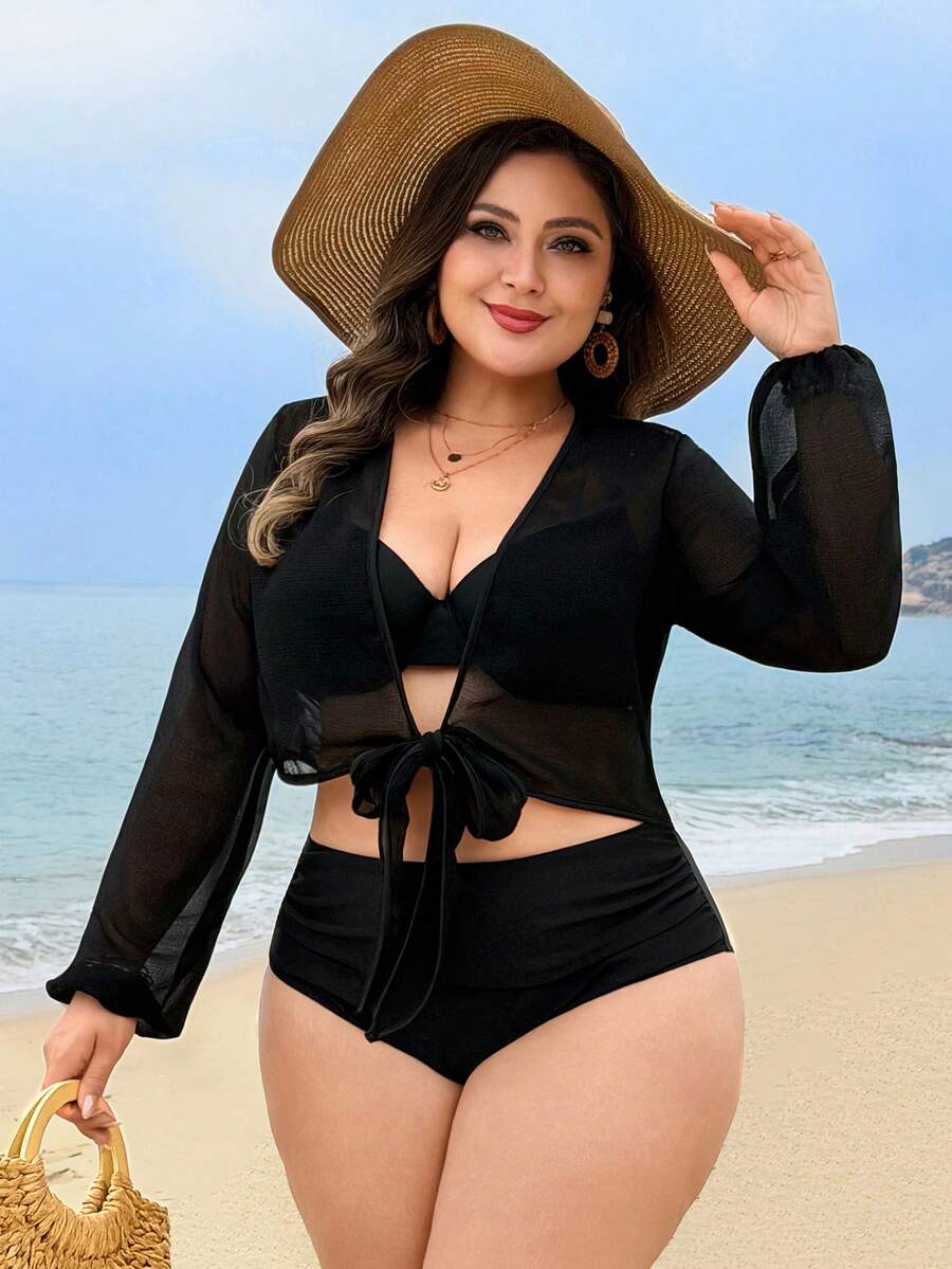 SHEIN Swim 大码女式纯色长袖宽松休闲度假开衫 - 黑色 - 查看 1
