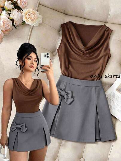 GlowEve CURVE 大码女式夏季休闲通勤百搭显瘦蝴蝶结装饰开衩裙裤