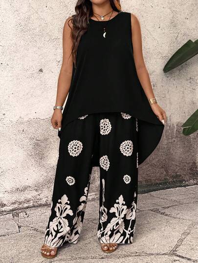 Breezaya 大码女式纯色背心和印花休闲裤两件套