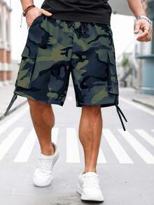 Manfinity Roughcore Plus Size Men's Camouflage Drawstring Waist Pocket Cargo Shorts, Casual Sports - Multicolor - View 4