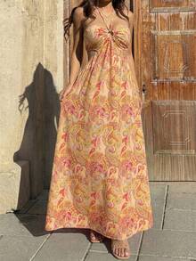 Sunnyshic Đầm ôm sát eo không dây màu đỏ đào in họa tiết Paisley dành cho nữ, kiểu dáng gợi cảm phù hợp cho kỳ nghỉ biển ở châu Âu và Mỹ. - Nhiều màu - Xem 6