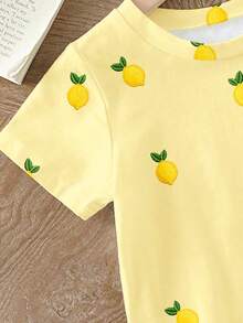 Elladie kids Girls' Casual Lemon Graphic Print Short Sleeve T-Shirt, Comfortable Daily Wear For Spring, Summer And Autumn - Multicolor - View 5