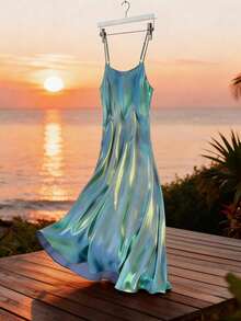 GlowEve Elegant Women's Long Satin V-Neck Slip Dress - Dusty Blue - View 1