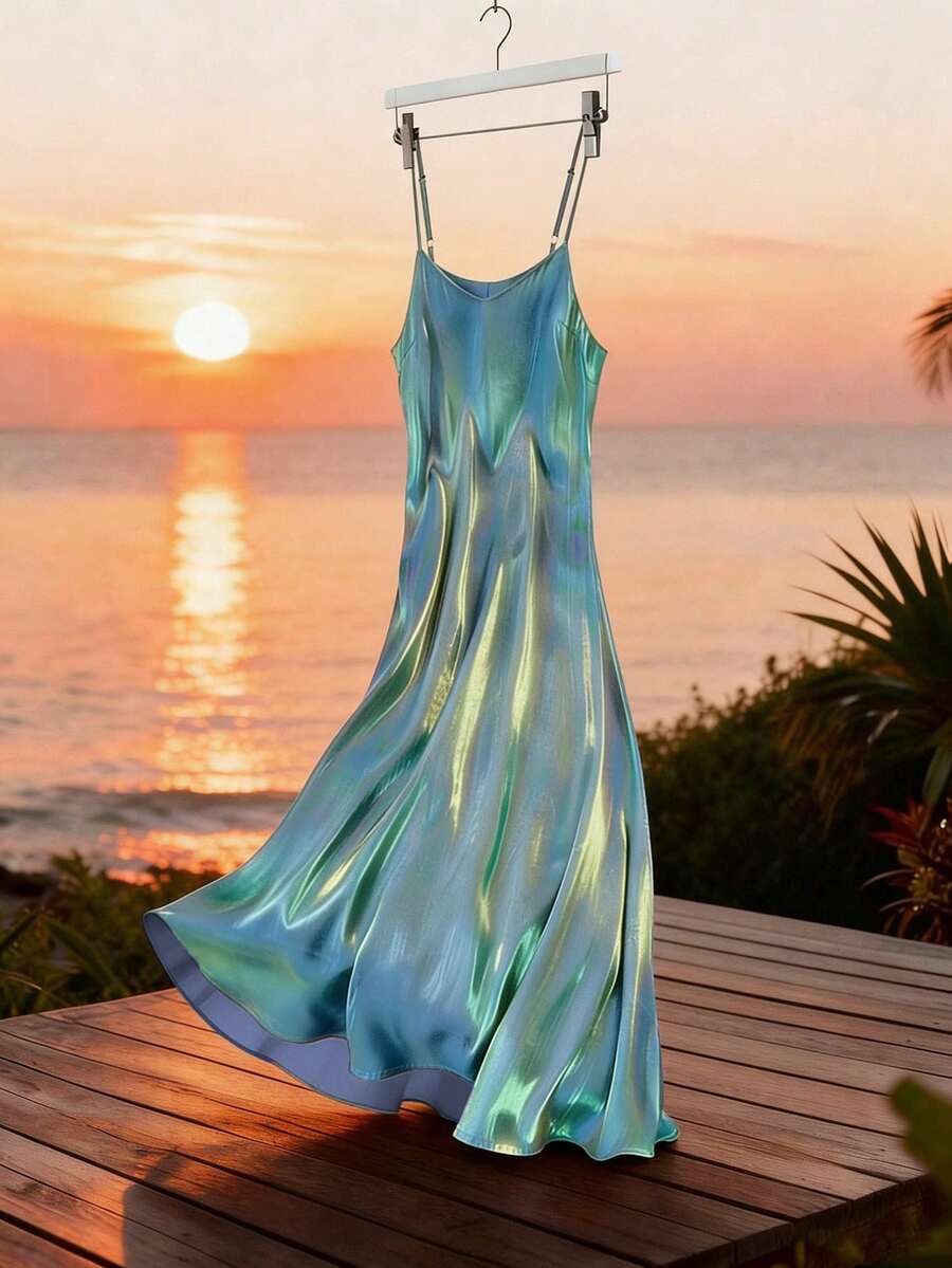 GlowEve Elegant Women's Long Satin V-Neck Slip Dress - Dusty Blue - View 1