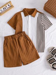 SHEIN Vacaura 2pcs Tween Boy Textured Plaid Patchwork Single-Breasted Short Sleeve Shirt And Casual Pocket Shorts Set - Multicolor - View 7