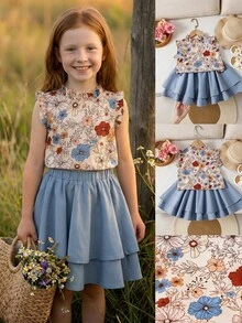 Emery Rose Kids Emery Rose Kids Conjunto de 2 peças para meninas: blusa casual floral miúda e minissaia em tecido plano. Vestidos infantis para meninas, roupas de verão estilo boho para adolescentes, vestidos casuais para meninas, vestido curto para meninas. - Azul - Ver 7
