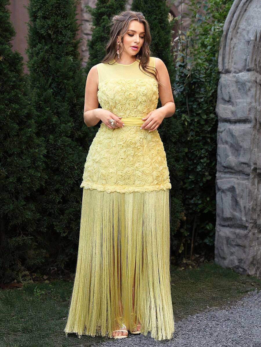 VOLUPTÉ CURVE Đầm cỡ lớn mùa xuân/hè, kiểu dáng thanh lịch lãng mạn, chất liệu chiffon họa tiết hoa 3D màu vàng nhạt, cổ tròn, không tay, thắt eo, thích hợp cho tiệc tùng, sinh nhật, ăn trưa, hẹn hò.