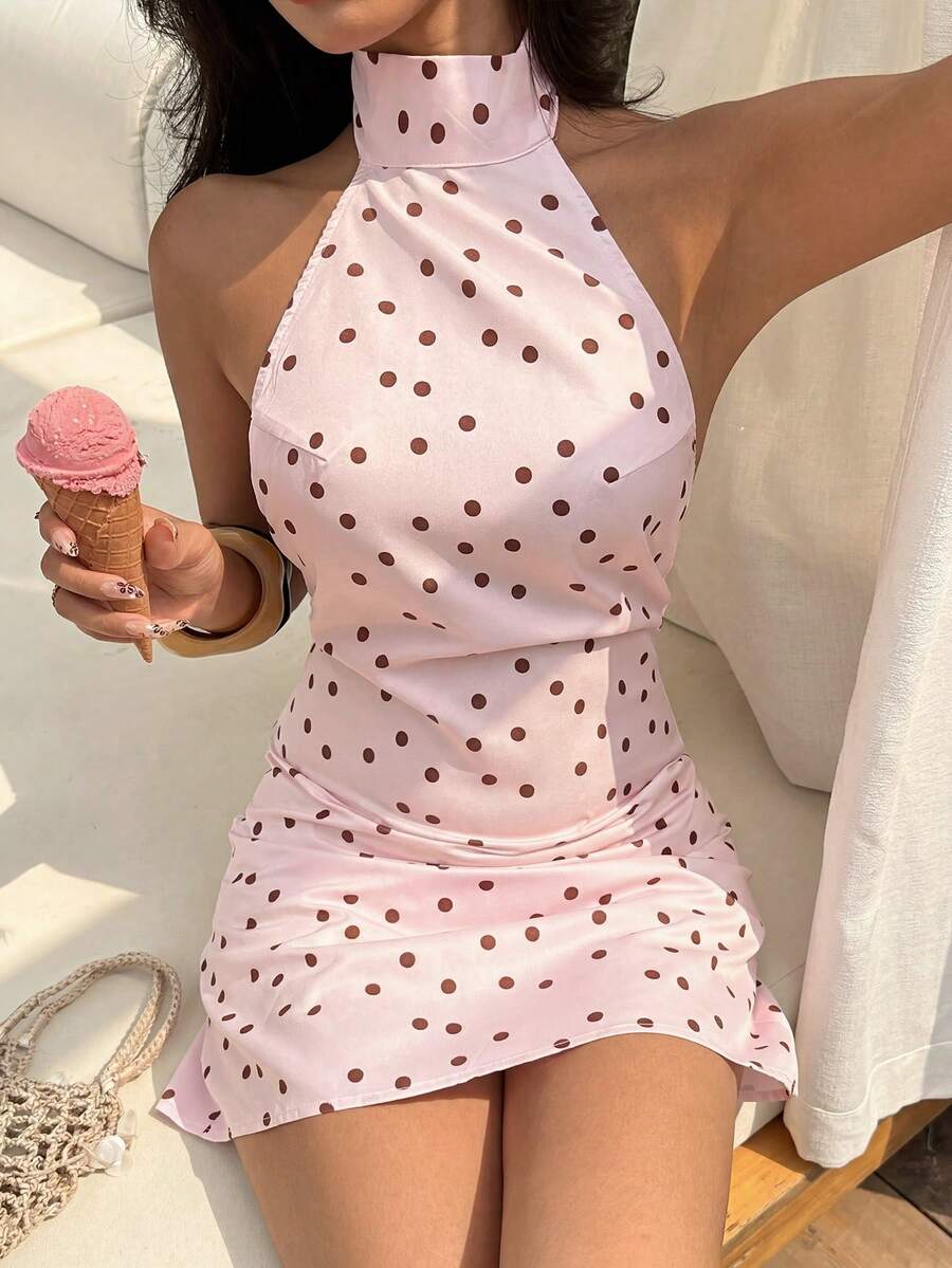 Sunnyshic 女士粉色波点露肩吊带露背修身夏季连衣裙，性感欧美风，适合约会、派对、甜蜜海滩度假 - 粉色 - 查看 1