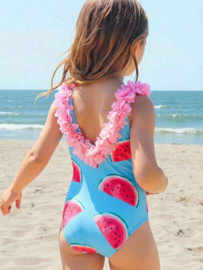 SHEIN Áo tắm một mảnh hở lưng in hình dưa hấu cho bé gái, thích hợp cho kỳ nghỉ hè.