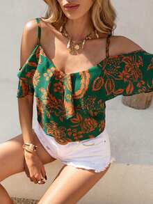 Brillora Áo hai dây nữ cổ bèo in hoa, thích hợp cho kỳ nghỉ. - màu xanh lá - Xem 7