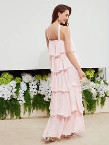 MOTF Petite LONG ROMANTIC MULTILAYER DRESS FOR DATES, VACATION IN SPRING/SUMMER ,PETITE WOMEN - Pink - View 3