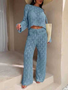 EURMUSE Ivory Open-Knit Two Pieces Set With Flared Pants And Long-Sleeve Top, Featuring A Lightweight And Breathable Fabric For Boho-Chic Styles Women For Summer Hollow Out - Baby Blue - View 6