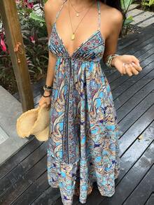 Sunnyshic 女士休闲度假时尚日常百搭波西米亚佩斯利印花露背吊带蝴蝶结长裙，春夏款 - 彩色 - 查看 5