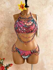 Swim Vcay 大码女式印花镂空露背性感比基尼泳装 - 彩色 - 查看 6