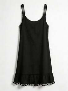 SHEIN Swim 女士夏季沙滩纯色V领无袖荷叶边下摆毛球装饰度假罩衫 - 黑色 - 查看 8