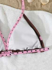 SHEIN 少女泳衣套装，杏色简约条纹花卉图案，适合海滩度假派对，春夏款 - 彩色 - 查看 5