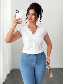 Elenzga Blusa con cuello en V, parches florales y volantes, talla grande, primavera/verano - Blanco - Ver 3