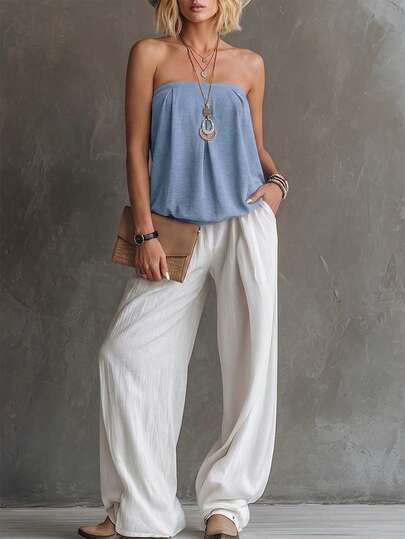 EMERY ROSE Women's Solid Color Fashionable Casual Bandeau Top Women Spring Outfit Women Summer Outfits Boho Style Coords For Women Summer Outfit Women's Beach Outfits Summer Outfit,Strapless Top,Casual Outfit