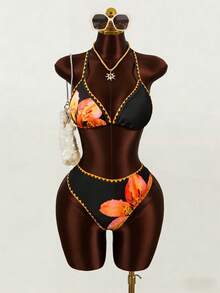 Swim Vcay Plus Size Women Simple Floral Print Sexy Halter Bikini Swimwear Set, Summer - Multicolor - View 7