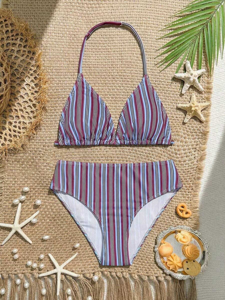SHEIN 少女比基尼套装,挂脖碎花针织面料泳衣,两件式三角比基尼,时尚休闲优雅泳装,适合游泳、夏季度假、海滩、泳池、节日派对,挂脖比基尼可调节,双面条纹比基尼 - 橘色 - 查看 1