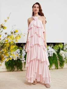 MOTF Petite LONG ROMANTIC MULTILAYER DRESS FOR DATES, VACATION IN SPRING/SUMMER ,PETITE WOMEN - Pink - View 6