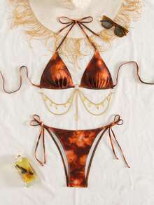 Sirith Springbreak Tie-Dye Print Chain Decor Tankini Swimsuit Set Party - Orange - View 4