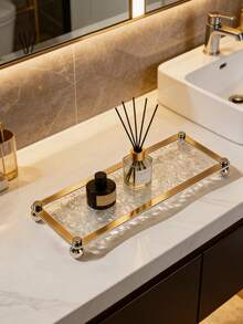 1pc Stone Pattern Clear Acrylic Tray Bathroom Vanity Trays With Stand, Cosmetic Table Jewelry Skin Care Cosmetics Tray, Napkin Tray, Clear Color Tray For Perfume, Aromatherapy, Shower Gel, Skin Care Products, Cosmetics - White - View 1