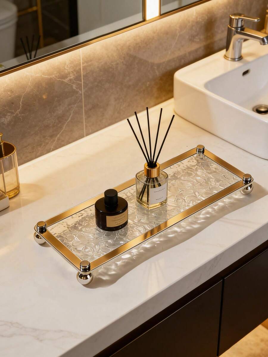 1pc Stone Pattern Clear Acrylic Tray Bathroom Vanity Trays With Stand, Cosmetic Table Jewelry Skin Care Cosmetics Tray, Napkin Tray, Clear Color Tray For Perfume, Aromatherapy, Shower Gel, Skin Care Products, Cosmetics - White - View 1