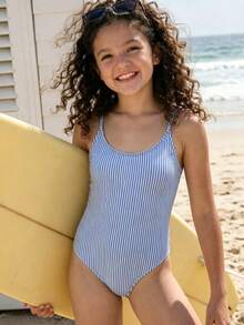 SHEIN 少女连体泳衣，可爱蓝白条纹针织面料，可调节肩带，时尚休闲优雅的连体设计，适合游泳、夏季度假、海滩、泳池、节日派对等场合。 - 藍白色 - 查看 6