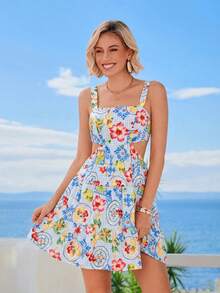 Vivid Eden Women's Fruit Print Backless Tie Strap Mini Dress, Vacation Style Resort Wear Women Vacation Dress Beach Outfit For Women Dress Summer Holiday Outfits Dress Backless Summer Dress - Baby Blue - View 4