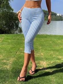 CovetEZ Leggings elásticos de punto a cuadros azules y blancos para mujer - Azul - Ver 6
