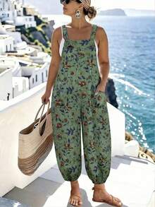 EMERY ROSE Plus Size Women's Adjustable Waist Printed Jumpsuit, Fashionable For Spring/Summer Vacation - Green - View 3