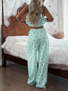 CottageSlumber Set Piyama Wanita Model Bubble Crinkle Bergaris Motif Ceri (Kamisol & Celana) - Mint Green - View 2