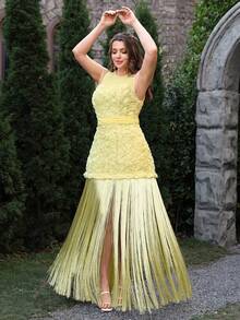 VOLUPTÉ CURVE 大码春夏连衣裙，优雅浪漫3D立体花卉雪纺浅黄色流苏圆领无袖系腰长裙，适合派对、生日、早午餐、约会等场合。 - 黃色 - 查看 2